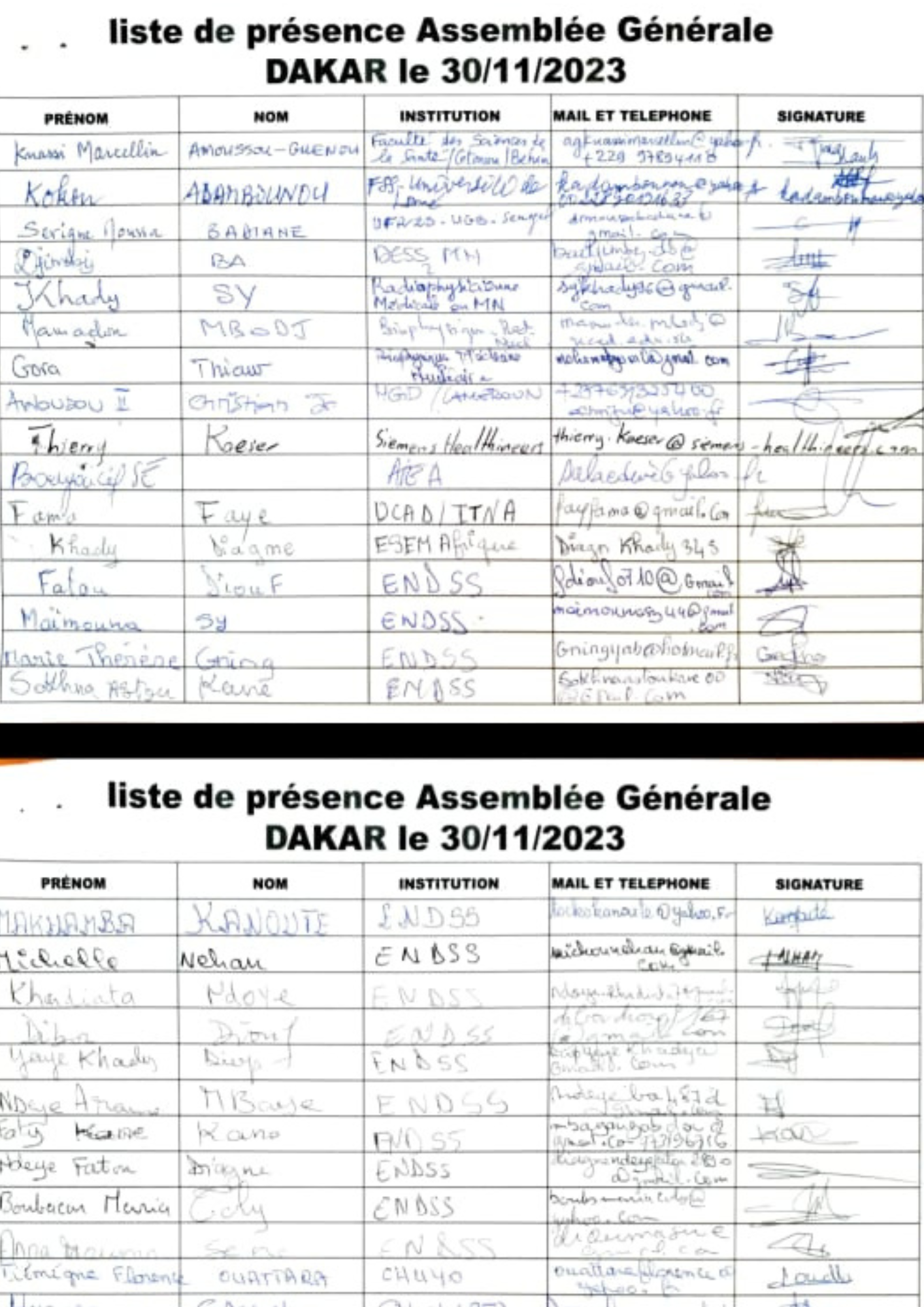 Liste de présence AG DAKAR Congrès de cotonou safbmen